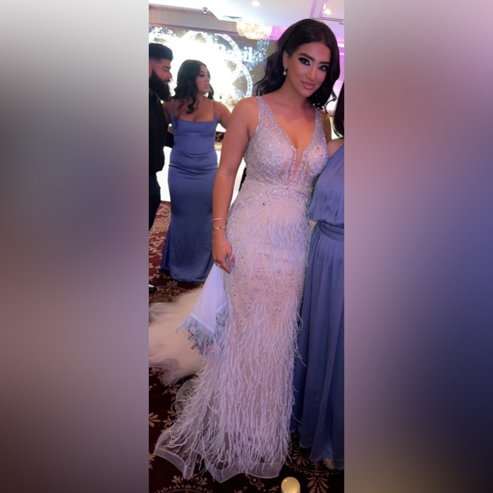 Jovani -03023 Sheer Bodice Beaded Adorned Feather Fitted Evening Gown light blue